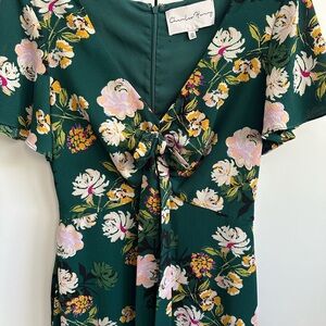 Floral Green Dress with Tie Front and Ruffle Hem